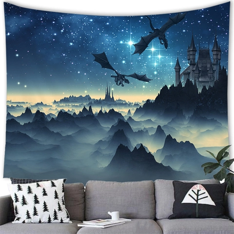 Fantasy Dragon Castle Wall Tapestry Polyester Fabric Hanging Art Decor For Bedroom Living Room Home 3D Print Tapestries