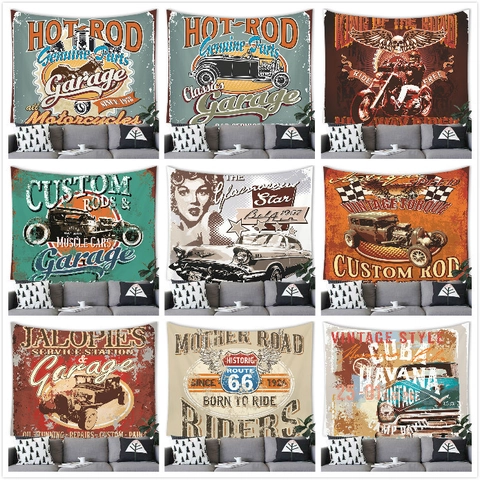 Arazzo Auto Americana Vintage Route 66 Tessuto in Poliestere Stile Industriale Retro Per Decorazione Casa Soggiorno Camera Da Letto