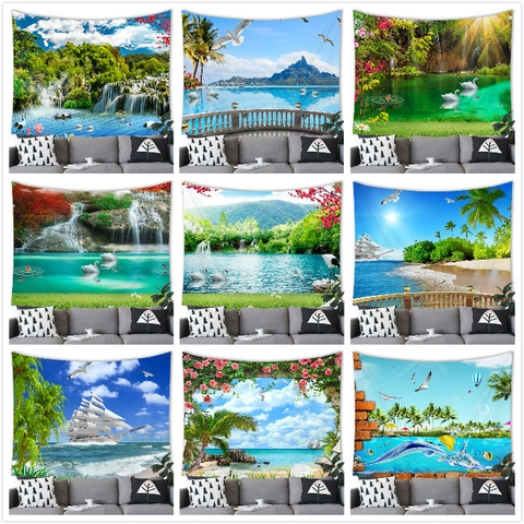 Tropisch Strand Oceaan Landschap Natuur Wandkleed Bos Waterval Polyester Achtergronddoek Esthetisch Huisdecoratie Muurkunst