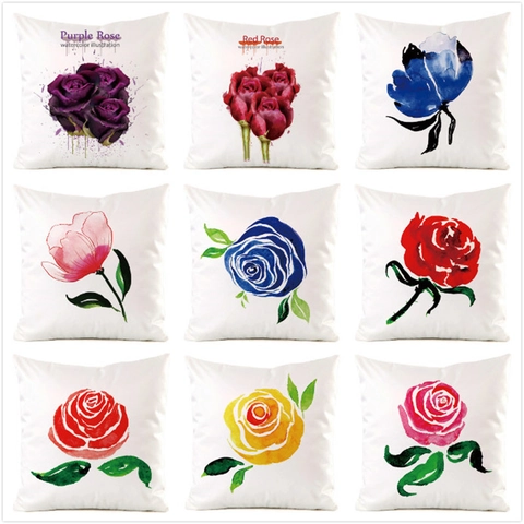 Fodera per Cuscino con Rose Floreali in Raso di Raso Sintetica con Motivo ad Acquerello Federa Decorativa per Divano Soggiorno Casa