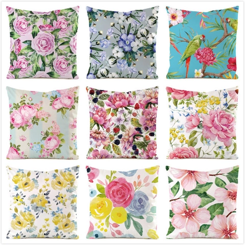Aquarell Blumen Vögel Druck Satin Kissenbezug Vintage Quadratisch Kissenhülle Für Sofa Zuhause Dekoration Kopfkissenbezug