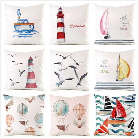 Nautical Satin Cushion Cover Watercolor Lighthouse Sailboat Hot Air Balloon Decorative Throw Pillowcase For Living Room
