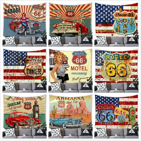 Arazzo American Retro Route 66 Auto d'Epoca Stazione di Servizio Appeso a Parete Poliestere Velluto Buccia di Pesca Sfondo Decorazione Casa