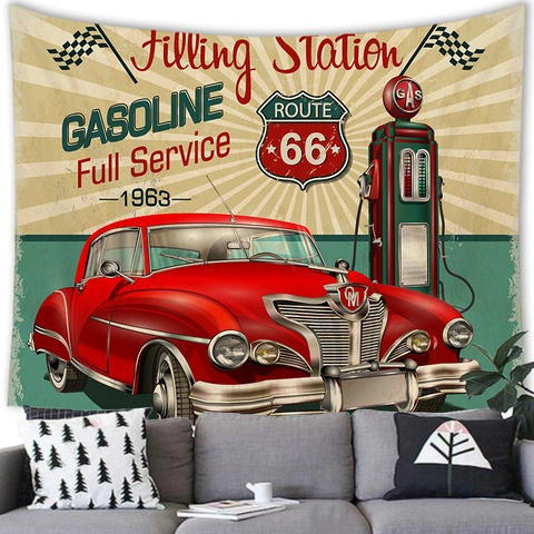 Arazzo American Retro Route 66 Auto d'Epoca Stazione di Servizio Appeso a Parete Poliestere Velluto Buccia di Pesca Sfondo Decorazione Casa