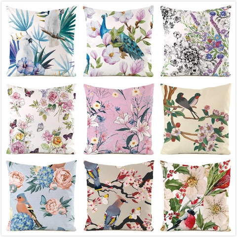 Housse de Coussin en Satin Pastoral Fleurs et Oiseaux Carrée pour Canapé Salon Décoration de Maison