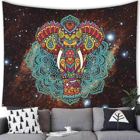 Bohemian Elephant Mandala Tapestry Polyester Galaxy Starry Sky Wall Hanging For Living Room Bedroom Dorm Home Decor Mural