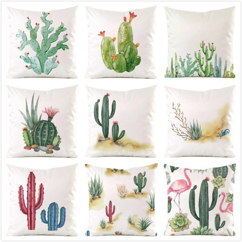 Satin Decorative Pillow Cover Square Cushion Case Watercolor Cactus Succulent Flamingo Pattern Pastoral Home Decor For Sofa