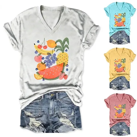 Damen T-Shirt Mit V-Ausschnitt Kurzarm Baumwollmischung Frucht-Print Sommer Lässig Tropisch Knotensaum