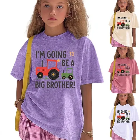 Kids Short Sleeve T-Shirt Cotton Blend Tractor Print Big Brother Sibling Announcement Round Neck Tee Casual Summer