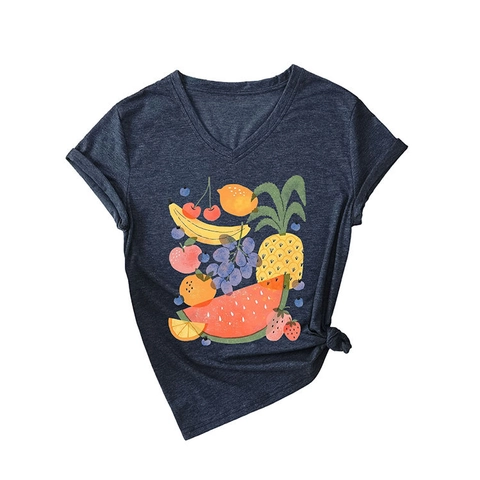 Damen T-Shirt Mit V-Ausschnitt Kurzarm Baumwollmischung Frucht-Print Sommer Lässig Tropisch Knotensaum