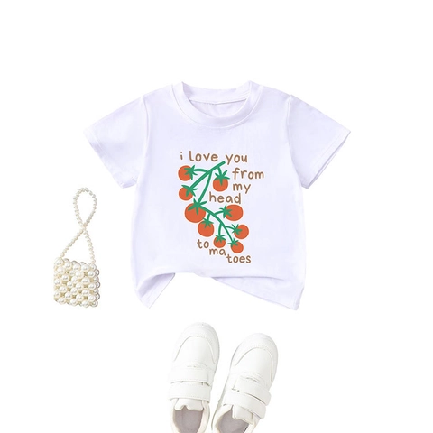Kinder Kurzarm Baumwolle T-Shirt Lustiger Tomatendruck I Love You From My Head To Ma Toes Casual Sommer Rundhals Top Für Jungen Mädchen