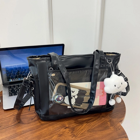 Kawaii Ita Bag Bolso Tote De Cuero PU De Gran Capacidad Con Ventana De PVC Transparente Cordones Laterales Para Mujeres Estudiantes