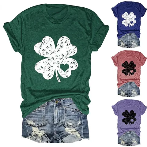 T-Shirt Femmes Imprimé Trèfle Cœur Vieilli Col Rond Manches Courtes Mélange Coton Haut Casual St Patricks Day
