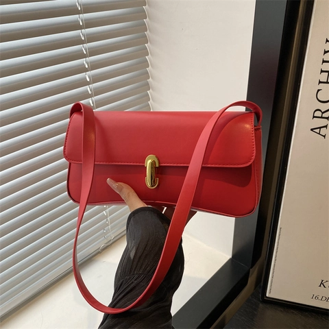 Women Fashion PU Leather Small Square Bag Simple Solid Color Shoulder Underarm Bag With Gold Lock Metal Buckle For Daily Commuting