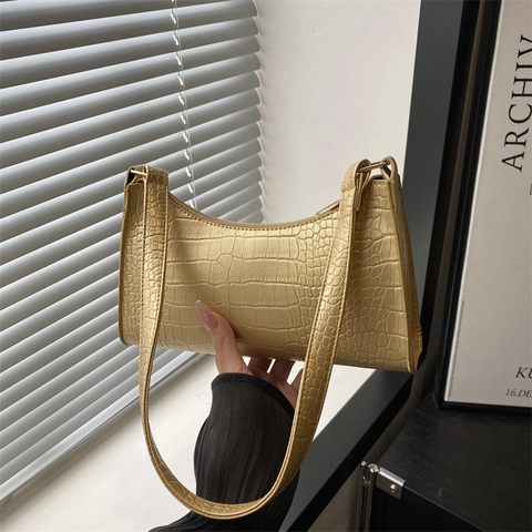 Sac Sous le Bras Baguette en Cuir PU Tendance pour Femmes Motif Crocodile Minimaliste Sac à Épaule Brillant pour Trajets