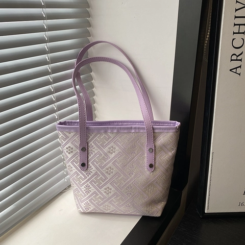 Borsa Tote Jacquard da Donna Nuovo Stile Cinese Motivo Floreale Geometrico Borsa a Tracolla Con Nappina Manico in PU