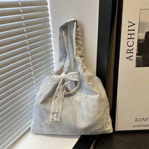 Damen Canvas Umhängetasche Mit Stickerei Spitze Schleife Große Kapazität Tote Frisch Stil Commuter Tasche Rosa Blau