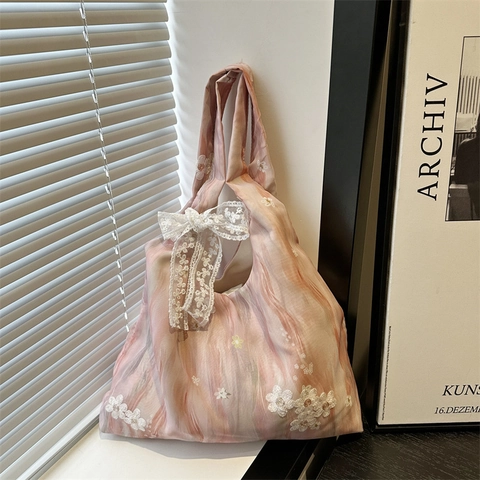 Damen Canvas Umhängetasche Mit Stickerei Spitze Schleife Große Kapazität Tote Frisch Stil Commuter Tasche Rosa Blau