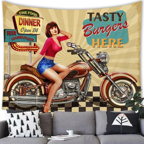 Arazzo da Parete in Stile Americano Vintage Moto Arredamento Retrò Industriale Estetico Panno di Sfondo per Soggiorno Camera da Letto