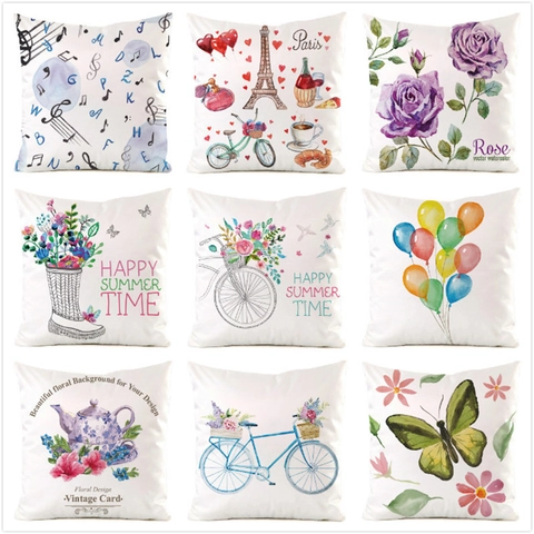 Housse de Coussin en Satin Artistique Décorative Aquarelle Florale Vélo Notes de Musique Taie d'Oreiller Carrée pour Canapé Déco Maison Sans Garnissage