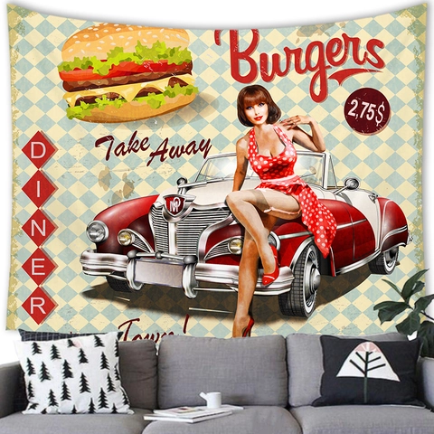 American Retro Tapestry Vintage Car Food Print Polyester Wall Hanging For Bedroom Living Room Home Decor Wall Art