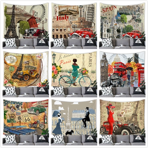 Tapisserie Murale Vintage Peau de Pêche Polyester Rétro Monuments Ville Paris Londres Route 66 Décoration Art Fond