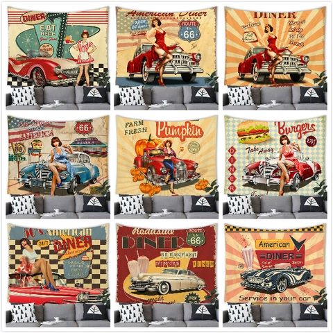 American Retro Tapestry Vintage Car Food Print Polyester Wall Hanging For Bedroom Living Room Home Decor Wall Art