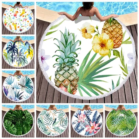 Round Beach Towel Microfiber Tropical Palm Leaf Print Tassel Edge Summer Vacation Swim Pool Quick Dry Absorbent