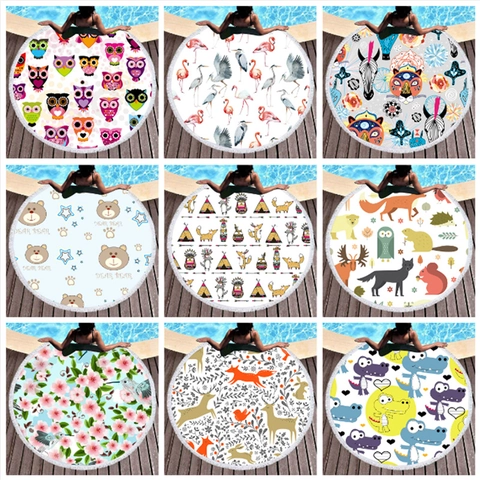 Microfiber Round Beach Towel With Tassels Cartoon Owl Flamingo Tropical Floral Print Quick Dry Picnic Blanket For Pool