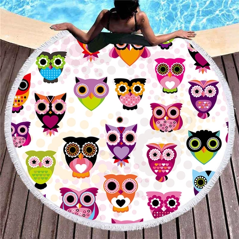 Microfiber Round Beach Towel With Tassels Cartoon Owl Flamingo Tropical Floral Print Quick Dry Picnic Blanket For Pool