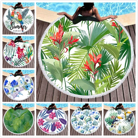 Round Beach Towel Microfiber Quick Dry Tassel Fringe Tropical Floral Print Monstera Leaf Bohemian Outdoor Bath Blanket