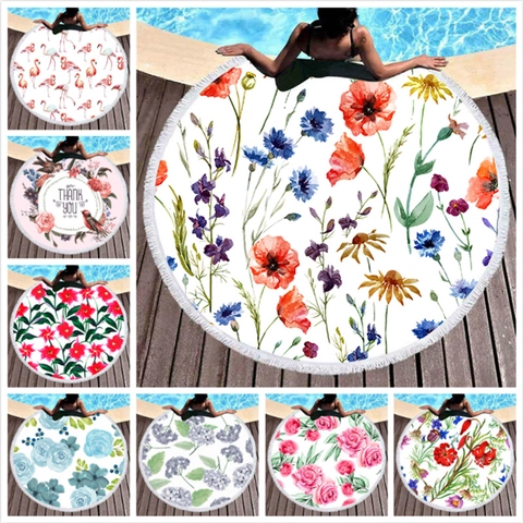 Rundes Mikrofaser Strandtuch Mit Quasten Aquarell Blumen火烈鸟-Druck Saugfähig Schnelltrocknend Outdoor Picknickdecke Für Den Urlaub