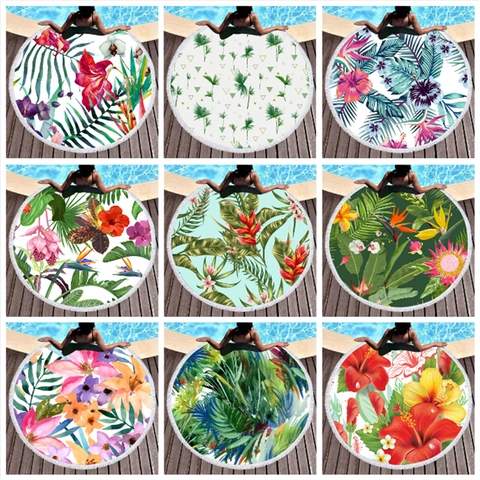 Round Microfiber Beach Towel With Tassels Tropical Plant Floral Print Large Fast Dry Absorbent Bath Towel For Summer Vacation Pool