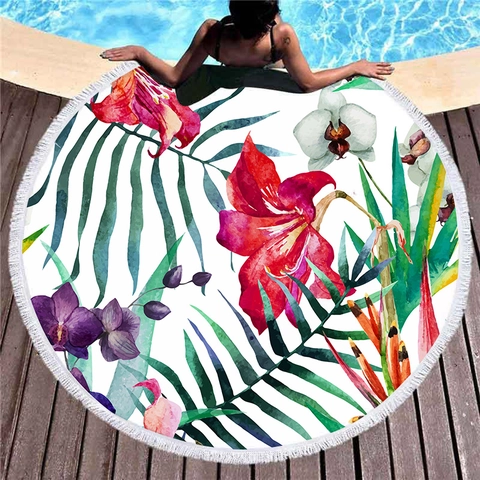 Round Microfiber Beach Towel With Tassels Tropical Plant Floral Print Large Fast Dry Absorbent Bath Towel For Summer Vacation Pool