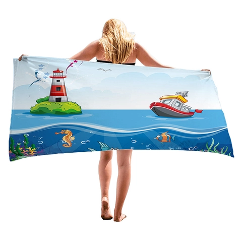 Asciugamano da Spiaggia in Microfibra Nautica a Cartoni Animati Per Adulti Faro Barca a Vela Stampato Asciugamano ad Asciugatura Rapida Assorbente