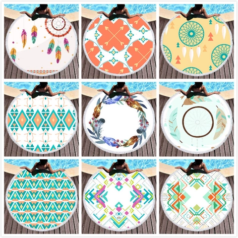 Toalla de Playa Redonda de Microfibra Bohemio Con Borlas Blancas Mandala Geométrico Secado Rápido Absorbente Toalla de Baño Para Vacaciones