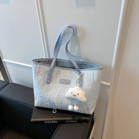 Women Embroidered Tote Bag Large Capacity PU Canvas Shoulder Bag With Colorful Wave Stitching Cloud Pendant Casual Office Daily Commuting Handbag