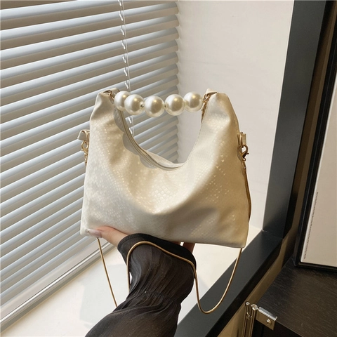 Women Underarm Hobo Bag PU Leather Snake Pattern Artificial Pearl Handle Gold Chain Fashion Retro Zipper Closure Elegant Handbag
