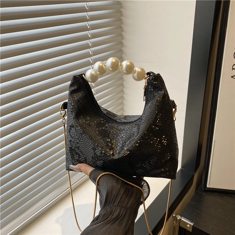 Women Underarm Hobo Bag PU Leather Snake Pattern Artificial Pearl Handle Gold Chain Fashion Retro Zipper Closure Elegant Handbag
