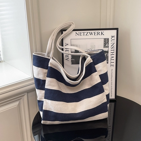 Borsa Tote In Tela A Righe Grande Capacità Borsa A Spalla Casual Per Donna Elegante Borsa A Mano A Righe Borsa Per Shopping Versatile