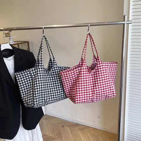 Damen Große Kapazität Leinwand Gingham Karo Tragetasche Lässig Künstlerisch Offene Schulter Einkaufstasche Mode Strand Handtasche Reiseorganisator