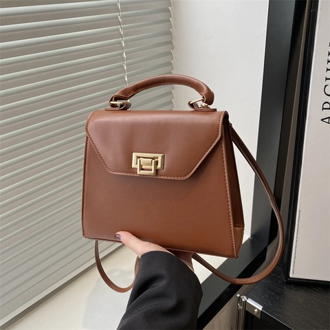 Bolso de Mujer Moda Cuero PU Pequeño Cuadrado Trapezoide Bolso de Mano Cerradura Dorada Bandolera Uso Diario
