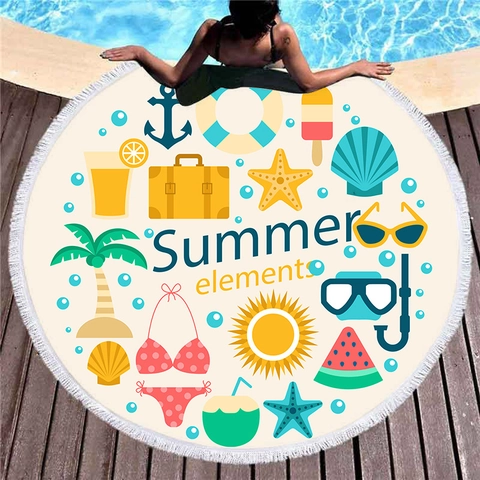 Round Microfiber Beach Towel With Tassels Summer Cartoon Tropical Mermaid Print Quick Dry Bath Towel For Pool Picnic Women