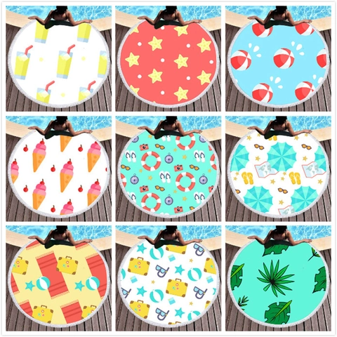 Round Microfiber Beach Towel With Tassel Fringe Quick Dry Sandproof Summer Cartoon Pattern Yoga Picnic Mat For Vacation Travel
