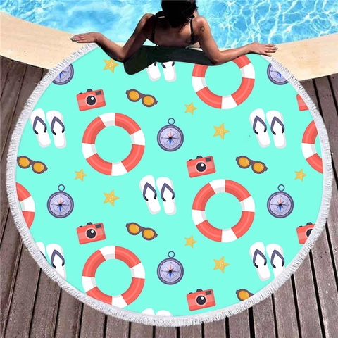 Round Microfiber Beach Towel With Tassel Fringe Quick Dry Sandproof Summer Cartoon Pattern Yoga Picnic Mat For Vacation Travel