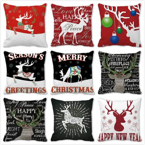 Christmas Reindeer Snowflake Print Throw Pillow Case Peach Skin Polyester Square Cushion Cover Xmas Holiday Home Decor