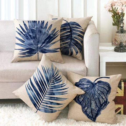 Federe Per Cuscini In Lino Con Foglie Di Palma Blu Motivo Pittura A Inchiostro Tropicale Copricuscini Quadrati Decorativi Per Divano Casa