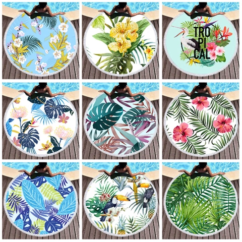 Tropical Round Microfiber Beach Towel With Tassel Fringe Absorbent Quick Dry Mandala Floral Bath Towel For Picnic Vacation