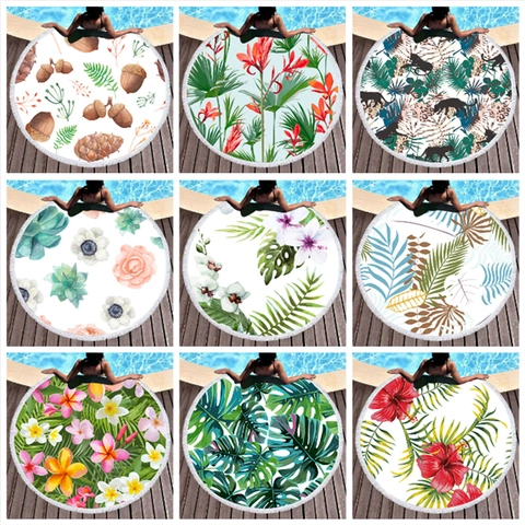 Round Microfiber Beach Towel With Tassels Tropical Leaves Flower Print Thick Absorbent Quick Dry Pool Vacation Picnic Outdoor
