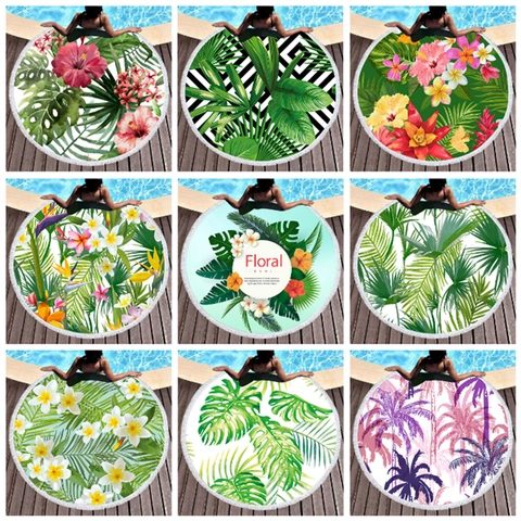 Rundes Mikrofaser Strandtuch Quasten Tropisches Palmblatt Hibiskus Schnelltrocknend Badetuch Für Sommer Urlaub Pool Picknick